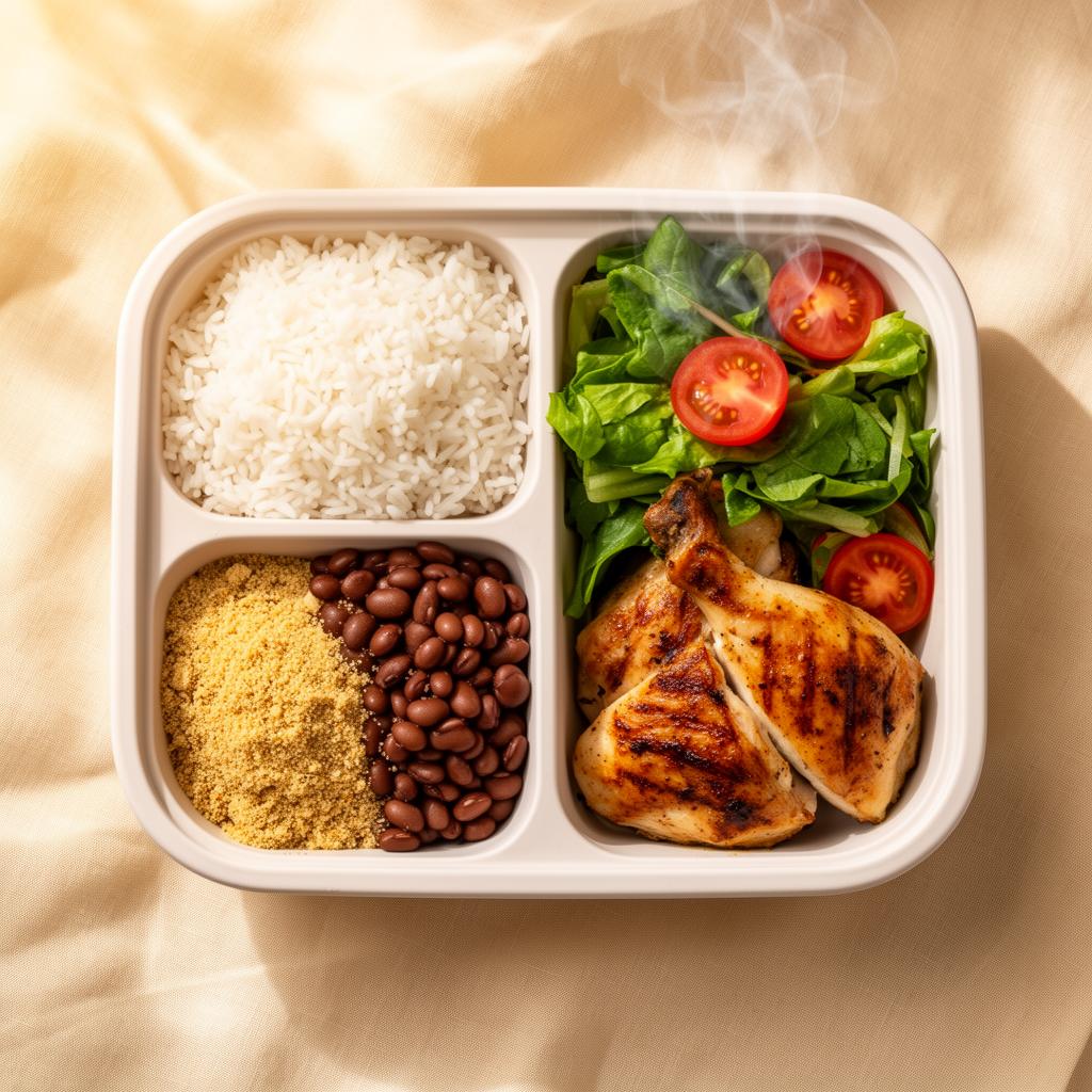 Marmita brasileira com arroz, feijão, frango grelhado, salada e farofa